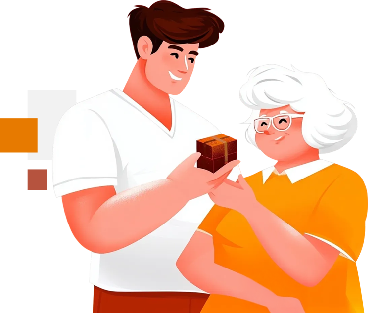 Een verpleegster geeft een cadeau aan een oudere vrouw.